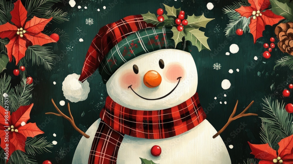 A cheerful snowman with a red and green plaid scarf and hat surrounded ...