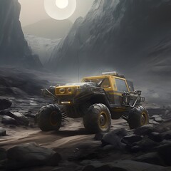 Wall Mural - A yellow futuristic off-road vehicle drives on a rocky terrain with a large moon in the background.