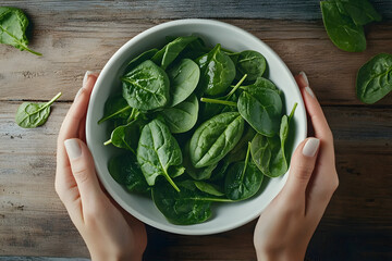 Wall Mural - Overhead shot of white bowl with fresh organic spinach held by white female hands on wooden table