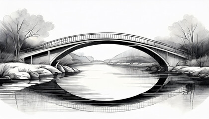 Wall Mural - Minimalist ink sketch of bridge arching over quiet river. Watercolor washes. Monochrome style.