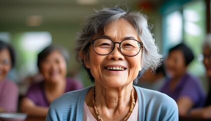 Wall Mural - Joyful elderly Asian woman with glasses in community center, embodying engagement and happiness in her golden years