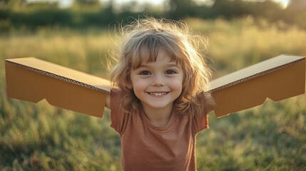 A young girl with blonde hair smiles while holding cardboard wings