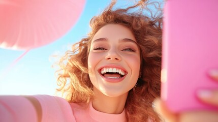 Canvas Print - A young woman uses a smartphone to capture a fun moment with friends, laughing as she records a video for social media.