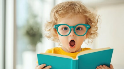 Poster - A child reading a book with a curious expression, symbolizing intellectual development and imagination.