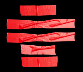 Top view set of wrinkled red adhesive vinyl tape or cloth tape in stripes shape isolated on black background with clipping path