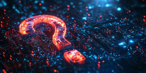 Poster - A stunningly visually captivating glowing question mark set against a sleek, modern tech backdrop, symbolizing the essence of inquiry and exploration within the everevolving digital realm of today