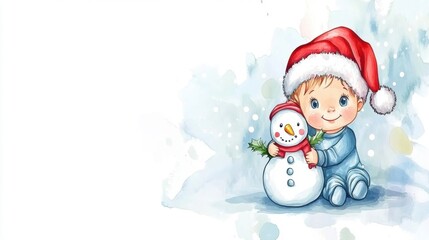 Wall Mural - A joyful child in a Santa hat plays with a snowman during a snowy winter day, capturing the spirit of the holiday season