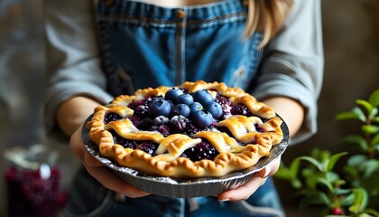 Delicious homemade dessert with fresh blueberries prepared by a young woman, celebrating the joy of healthy cooking