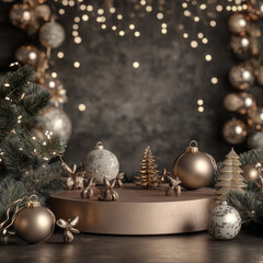 Poster - A beautifully arranged Christmas scene featuring elegant gold and silver ornaments, sparkling lights, and festive decorations. warm ambiance evokes joyful holiday spirit