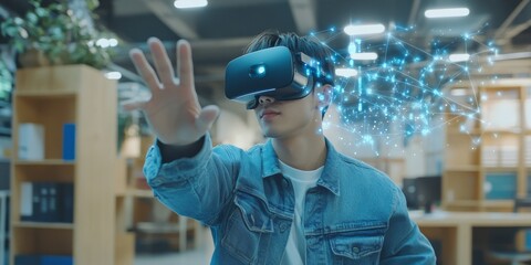 Poster - A curious student dives into virtual reality during class, using AI and holograms to enhance their education and engage in immersive, interactive learning experiences that captivate their interests