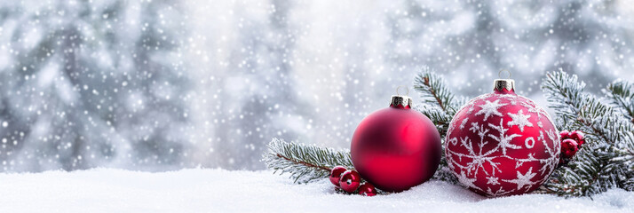 Poster - Festive red Christmas ornaments are beautifully arranged on snowy surface, surrounded by pine branches, evoking warm holiday spirit amidst serene winter backdrop