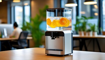 Sticker - Modern office water cooler enhancing employee comfort with natural light, promoting hydration and health in a sleek, inviting workspace.