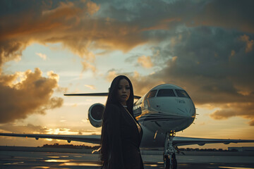 Elegant  woman in stylish attire standing confidently in front of a private jet on a cloudy day. 