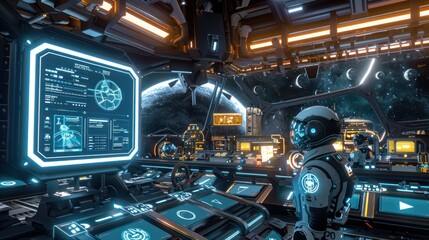 Poster - Futuristic Spaceship Interior with Astronaut