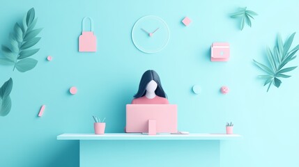 Wall Mural - A woman in her 40s sits at her computer, managing her finances through an online banking platform, reviewing transactions and budgeting for the future.