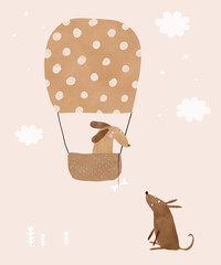 Wall Mural - Cute Dog Traveling in a Brown Hot Air Balloon With Basket. Lovely Nursery Vector Art with Funny Adventurous Dog in a Montgolfier on a Off-White Background. Kids Room Decoration.