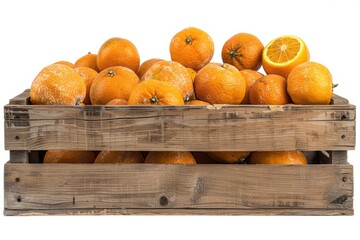 A wooden crate filled with ripe oranges showcases bright colors. This image captures fresh fruit for a farm or market theme. Perfect for culinary or lifestyle use. Generative AI