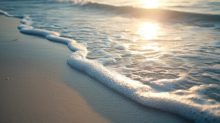 Close-up of foamy ocean wave receding on sandy shore at sunset