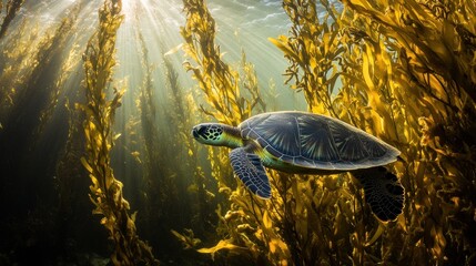 Wall Mural - A sea turtle gracefully swims through kelp in sunlit waters.