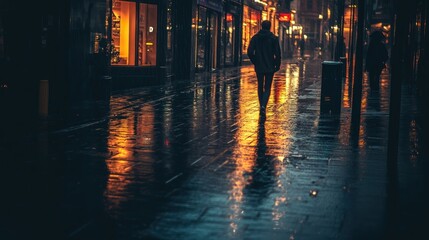 Wall Mural - A solitary figure walks on a rain-soaked street illuminated by colorful lights.