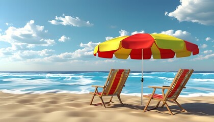 Relaxing beach setting with colorful umbrella and lounge chairs on sandy shore, embodying summer vacation vibes in a 3D rendering.