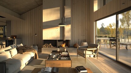 Sticker - Modern Cabin Living Room with Cozy Fireplace and Deck View