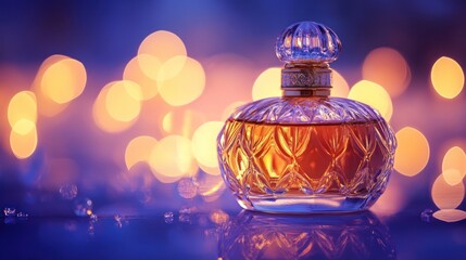 Canvas Print - A beautifully designed perfume bottle with a warm amber liquid, set against a soft bokeh background.