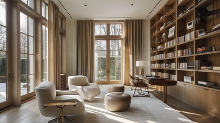 Modern Home Office with Large Windows and Built-in Bookshelves