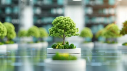 Panoramic view of a futuristic warehouse facility with green roofs and electric vehicle charging stations, illustrating sustainable infrastructure development in logistics.