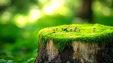 Wall Mural - A cluster of small mushrooms growing on a moss-covered tree stump in a forest.