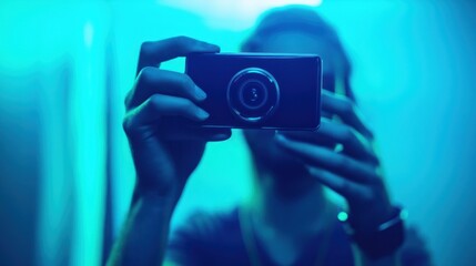 Poster - A person taking a selfie in a blue-lit environment, creating a moody atmosphere.