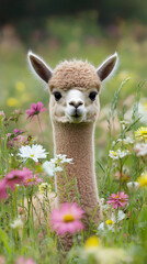 Adorable alpaca standing in a vibrant meadow filled with wildflowers, gazing into the camera with a peaceful and curious expression in a lush countryside setting