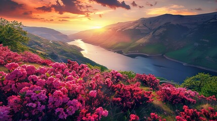 _Sunset_Flowers_Lake_river_Mountain_beautiful_scen