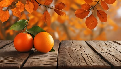 Wall Mural - Rustic wooden table adorned with vibrant orange leaves under a serene autumn backdrop