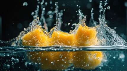 Wall Mural - A splash of yellow fruit in water, capturing dynamic motion and vibrant color.