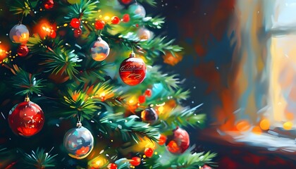 Vibrant digital painting of a festive Christmas tree adorned with decorations, celebrating the joy of the holiday season against an inviting background with ample copy space