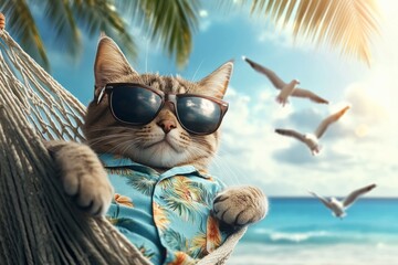 A cool cat relaxes on the beach in a hammock. Sunglasses on and a Hawaiian shirt makes it fun. Perfect for summer vibes. Fun and playful style. Generative AI