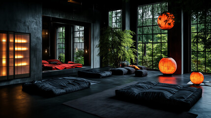 Wall Mural - A dark, minimalist living room with large windows, a red platform bed, and glowing orange lamps.