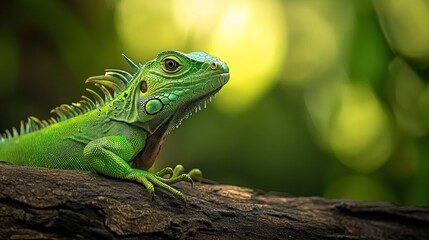 Poster - A vibrant green iguana resting on a branch, surrounded by a soft, blurred background.