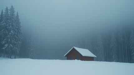 A small wooden cabin sits alone in a snowy forest shrouded in fog.