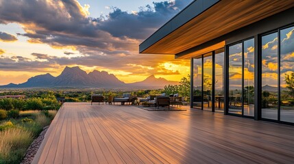 Wall Mural - Scenic sunset view from a modern deck overlooking mountains and lush landscape.