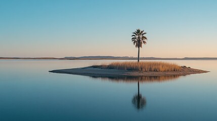 Poster - A serene landscape featuring a solitary palm tree on a small island surrounded by calm water.