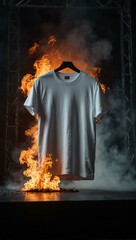 Wall Mural - White T-Shirt Displayed on Futuristic Stage with Fire and Smoke