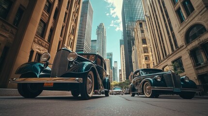 Wall Mural - Classic cars parked on a city street amidst tall buildings and urban scenery.