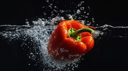 Wall Mural - A vibrant red bell pepper splashes into water, creating dynamic bubbles and ripples.