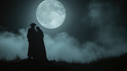 Canvas Print - Silhouetted figures embrace under a large moon, creating a romantic and mysterious atmosphere.