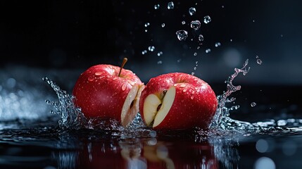 Wall Mural - Two red apples, one cut in half, splash into water, creating dynamic droplets.