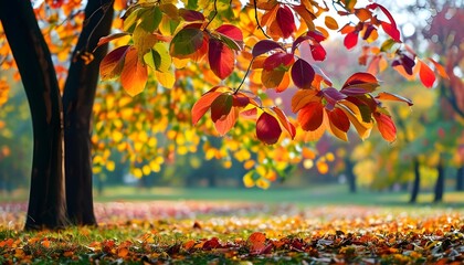 Wall Mural - Vibrant autumn leaves dancing on branches in a picturesque park, creating a lively backdrop of seasonal beauty