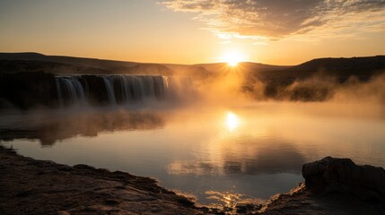 Poster - A serene sunset over a waterfall, creating mist above a calm lake.