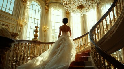 A bride in a flowing gown stands on a grand staircase, illuminated by sunlight.